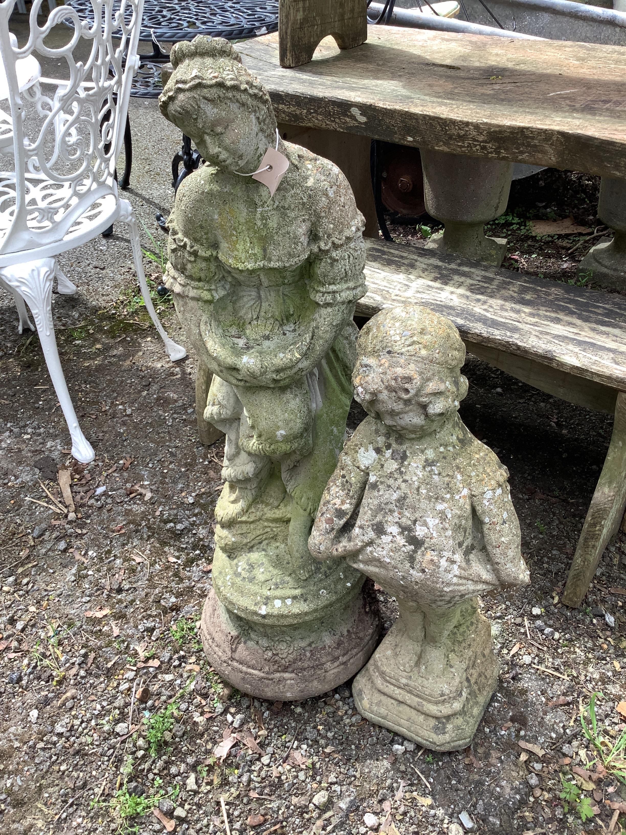 Two reconstituted stone figural garden ornaments, larger height 82cm